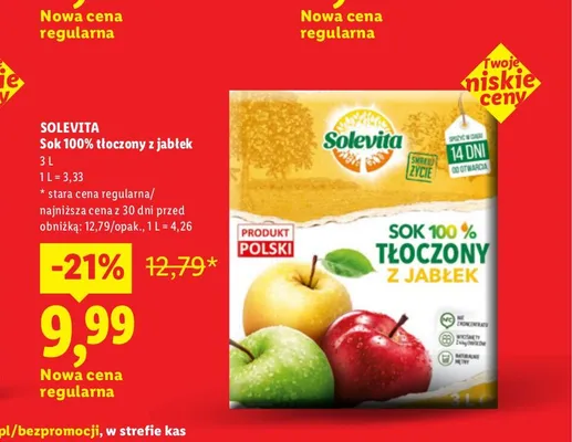 Sok 100% tłoczony z jabłek Solevita promocja w Lidl