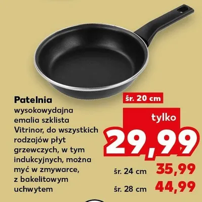 Patelnia wysokowydajna emalia szklista Vitrinor, do wszystkich rodzajów płyt grzewczych, w tym indukcyjnych, można myć w zmywarce, z bakelitowym uchwytem promocja w Kaufland