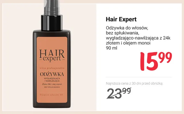 Odżywka do włosów bez spłukiwania wygładzająco-nawilżająca z 24k złotem i olejem monoi Hair Expert promocja w Rossmann
