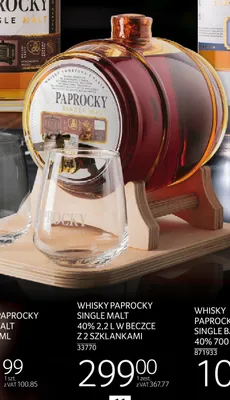 Whisky Paprocky Single Malt 40% w beczce z 2 szklankami promocja w Selgros