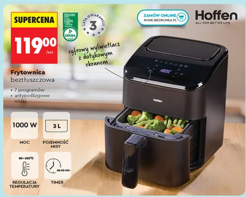 Frytownica beztłuszczowa Hoffen 1000W 3l cyfrowy wyświetlacz z dotykowym ekranem 7 programów promocja w Biedronka
