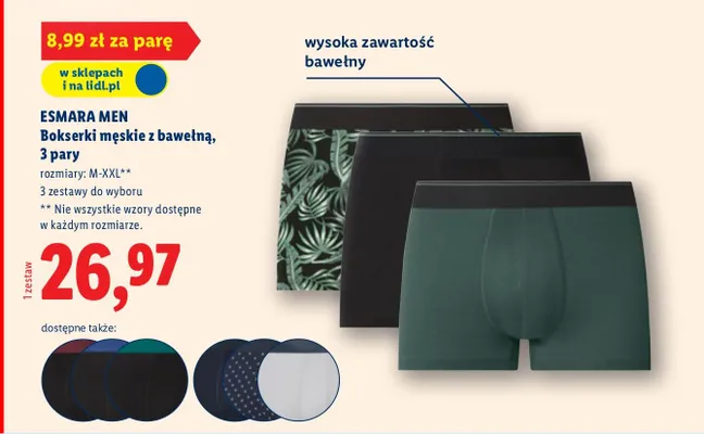 Bokserki męskie z bawełną, 3 pary promocja w Lidl