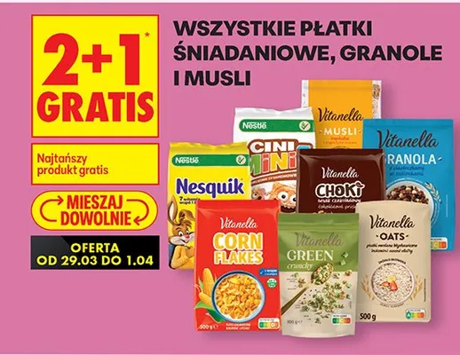 Wszystkie płatki śniadaniowe, granole i musli 2+1 GRATIS Biedronka promocja w Biedronka