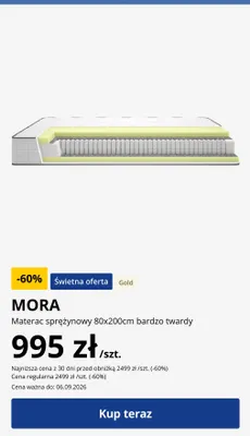 Materac sprężynowy MORA 80x200 cm bardzo twardy promocja w Jysk