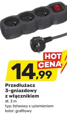 Przedłużacz 3-gniazdowy z włącznikiem dł. 3m typ: listwowy z uziemieniem kolor: grafitowy promocja w Bricomarche