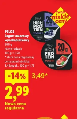 Jogurt owocowy wysokobiałkowy jagodowy Pilos promocja w Lidl