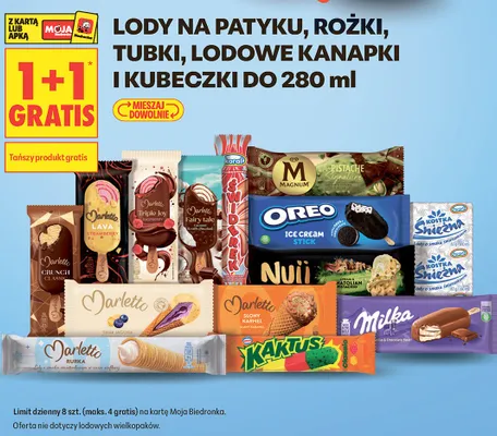 Lody na patyku, rożki, tubki, lodowe kanapki i kubeczki do 280ml promocja w Biedronka