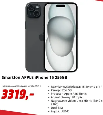 Smartfon APPLE iPhone 15 256GB promocja w Media Markt