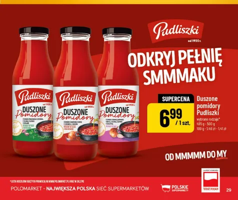 Duszone pomidory o smaku karmelizowanej cebuli z oliwą z oliwek i szalotką Pudliszki promocja w POLOmarket