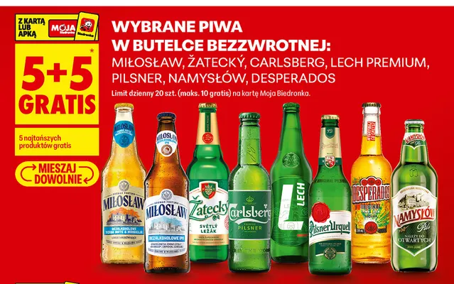 Piwa w butelce bezzwrotnej: Miłosław, Žatecký, Carlsberg, Lech Premium, Pilsner, Namysłów, Desperados promocja w Biedronka