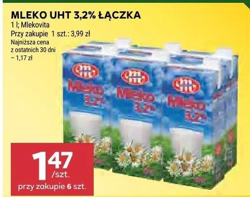 Mleko UHT 3,2% Łączka Mlekovita promocja w Stokrotka