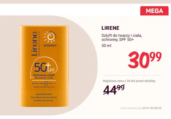 Sztyft do twarzy i ciała ochronny Lirene SPF 50+ promocja w Rossmann