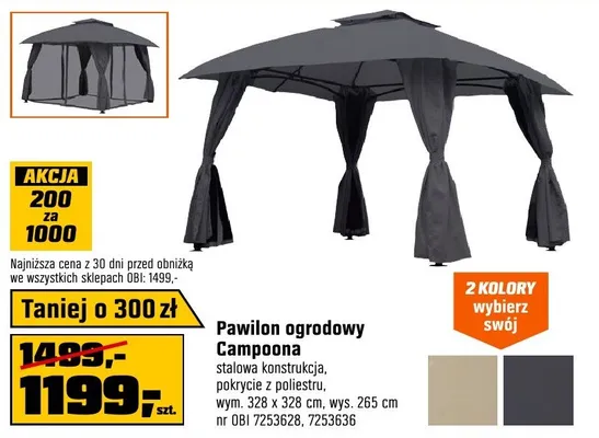 Pawilon ogrodowy Campona stalowa konstrukcja, pokrycie z poliestru, wym. 322x328cm, wys. 265cm nr OBI 7253628,7253636 promocja w OBI
