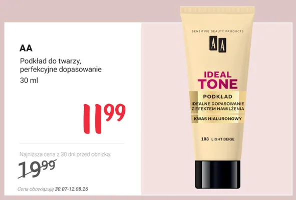Podkład do twarzy AA Ideal Tone promocja w Rossmann