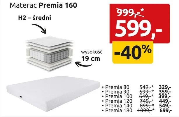 Materac Premia 160 H2 - średni promocja w Black Red White