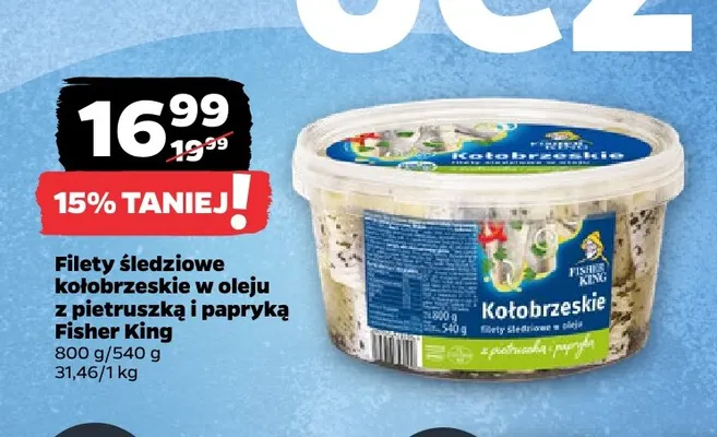 Filety śledziowe kołobrzeskie w oleju z pietruszką i papryką Fisher King promocja w Netto