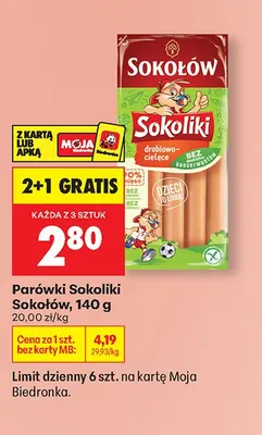 Parówki Sokoliki drobiowo-cielęce 2+1 GRATIS promocja w Biedronka