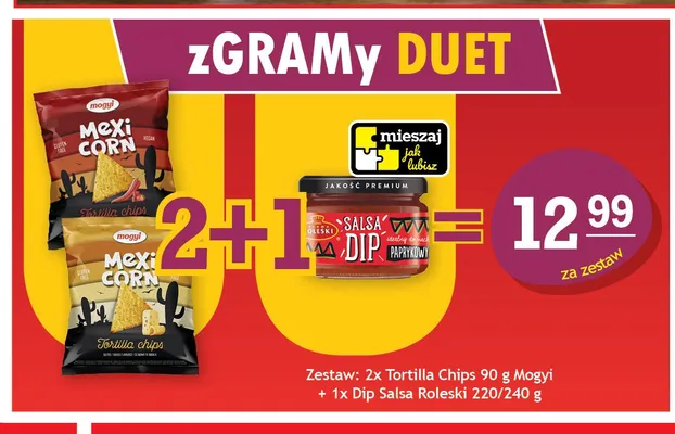 Zestaw chipsy tortilla Mexi Corn Mogyi + dip salsa Roleski promocja w Gram Market