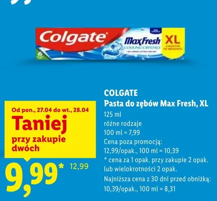 Pasta do zębów Colgate Max Fresh XL promocja w Lidl