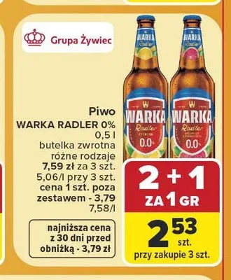 Piwo bezalkoholowe Warka Radler promocja w Carrefour Market