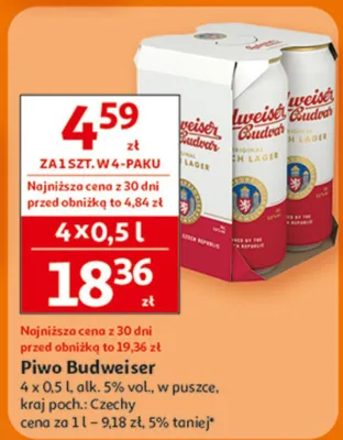 Piwo Budweiser 4 x 0.5 l alk. 5% vol. promocja w Auchan