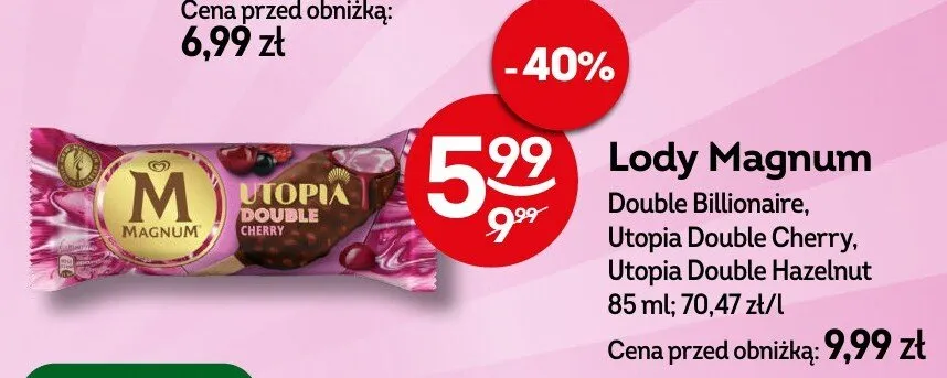 Lody Magnum Double Billionaire, Utopia Double Cherry, Utopia Double Hazelnut promocja w Żabka