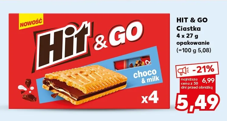 Ciastka Hit & Go choco & milk 4-pak promocja w Kaufland