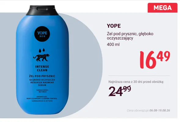 Żel pod prysznic głęboko oczyszczający YOPE MEN Intense Clean promocja w Rossmann