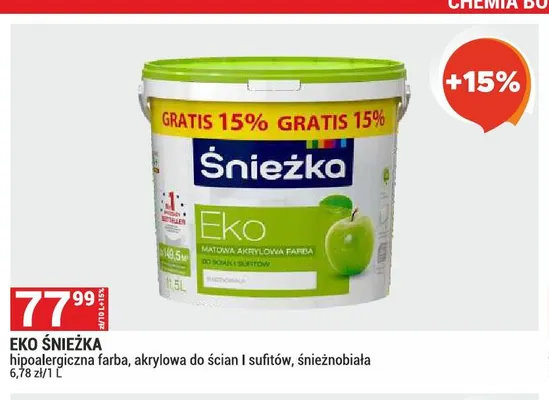 Farba akrylowa do ścian i sufitów Śnieżka Eko hipoalergiczna śnieżnobiała promocja w Merkury Market