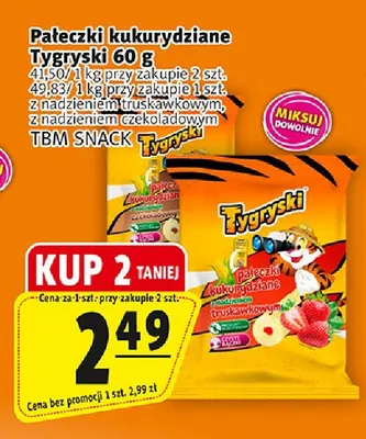 Pałeczki kukurydziane Tygryski z nadzieniem truskawkowym TBM Snack promocja w Prim Market
