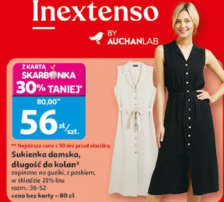 Sukienka damska długość do kolan zapinana na guziki z paskiem Inextenso promocja w Auchan