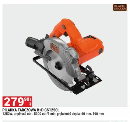 Pilarka tarczowa BLACK+DECKER CS1250l 1250W prędkość obr.: 5300 obr/1 min głębokość cięcia: 66mm 190mm promocja w Merkury Market