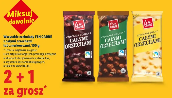 Wszystkie czekolady z całymi orzechami lub z nerkowcami 2+1 ZA GROSZ promocja w Lidl