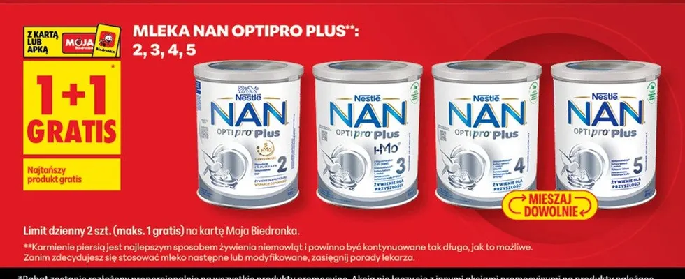 Mleka NAN Optipro Plus 2, 3, 4, 5, 1+1 GRATIS promocja w Biedronka