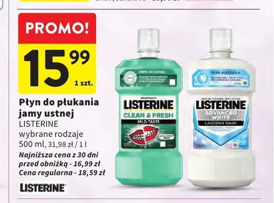 Płyn do płukania jamy ustnej Listerine Advanced White promocja w Intermarche