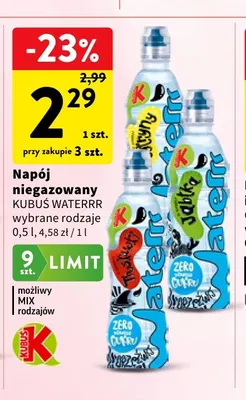 Napój niegazowany Kubuś Waterrr promocja w Intermarche