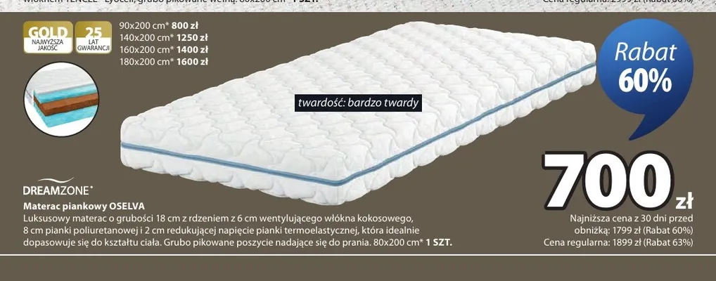 Materac piankowy Oselva Dreamzone 160x200 cm promocja w Jysk