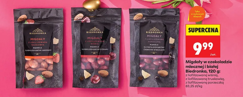 Migdały w czekoladzie mlecznej i białej z liofilizowaną porzeczką promocja w Biedronka