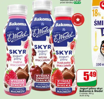 Jogurt pitny skyr truskawka stracciatella Bakoma & E.Wedel promocja w Dino