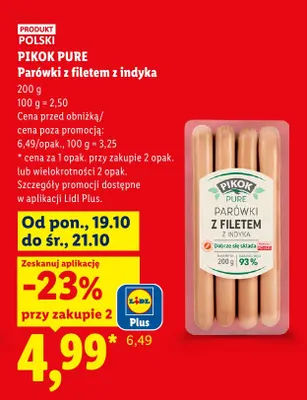 Parówki z filetem z indyka Pikok Pure promocja w Lidl