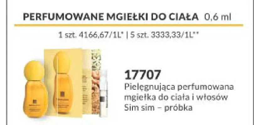 Pielęgnująca perfumowana mgiełka do ciała i włosów Sim sim próbka Avon promocja w AVON