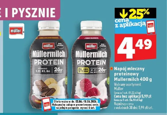 Napój mleczny proteinowy Mullermilch malinowy promocja w TOPAZ