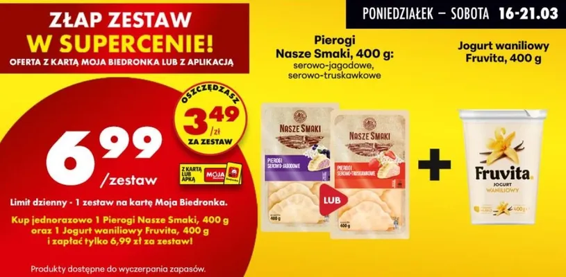 Zestaw: Pierogi Nasze Smaki 400g serowo-jagodowe lub serowo-truskawkowe + jogurt waniliowy Fruvita 400g promocja w Biedronka