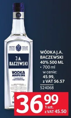 Wódka J.A. Baczewski 40% 500ml z 700ml w cenie promocja w Selgros