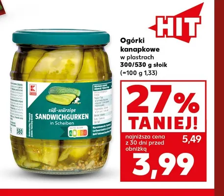 Ogórki kanapkowe w plastrach K-Classic promocja w Kaufland
