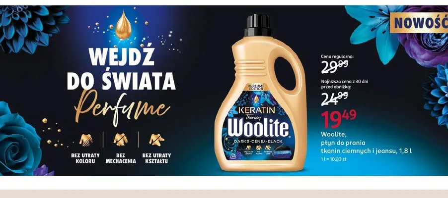 Płyn do prania tkanin ciemnych i jeansu Woolite Keratin Therapy Darks Denim Black promocja w Rossmann