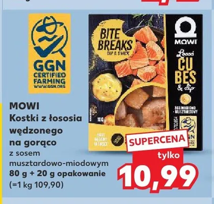 Kostki z łososia wędzonego na gorąco z sosem musztardowo-miodowym Mowi Bite Breaks promocja w Kaufland