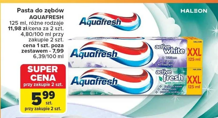Pasta do zębów różne rodzaje Aquafresh promocja w Carrefour