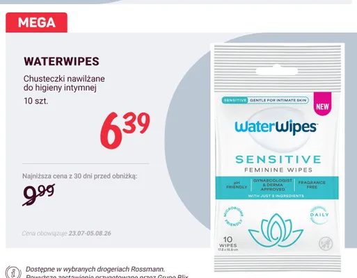 Chusteczki nawilżane do higieny intymnej WaterWipes Sensitive promocja w Rossmann