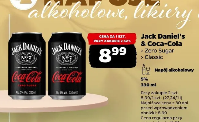 Napój alkoholowy Jack Daniel's & Coca-Cola Zero Sugar promocja w Netto